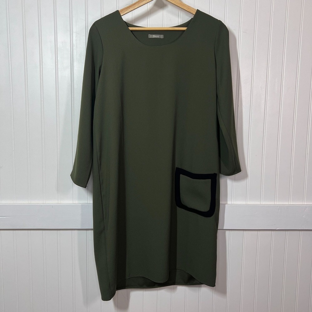 Dixie Dress Olive Lagenlook Homestead Shift Black Pocket Minimalist Chic Midi S
